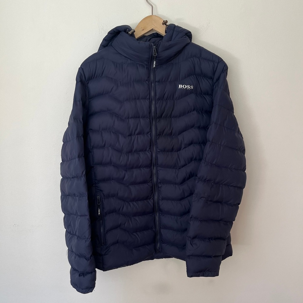Hugo Boss Mens Navy Blue Hooded Puffer Jacket Wavy Quilted Coat Large